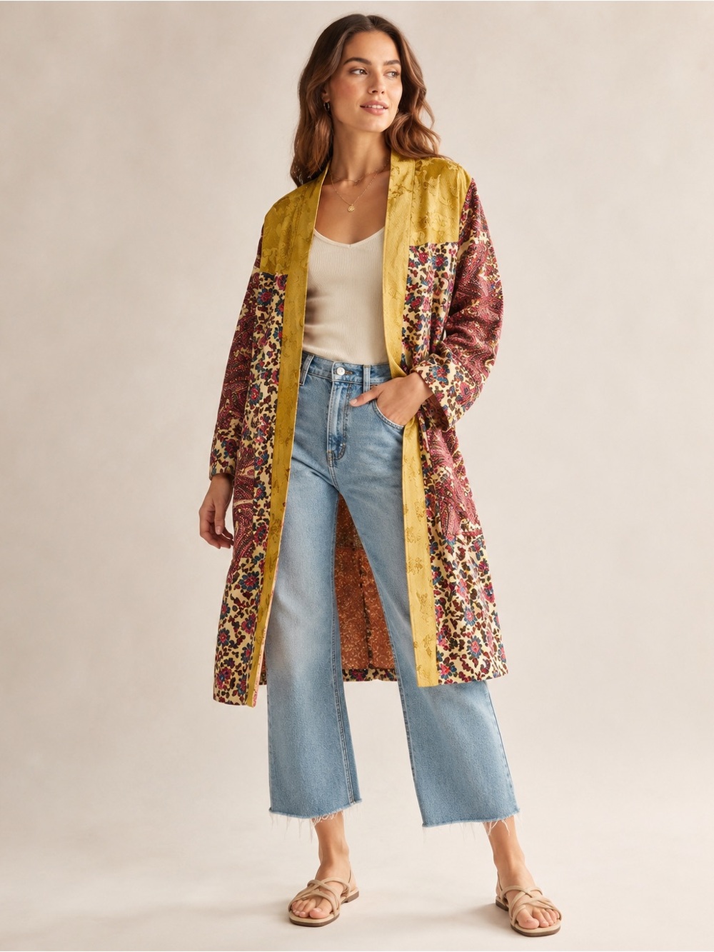 Free People Rare Maggie Floral Duster Jacket L Boho Kimono Festival Layer FP